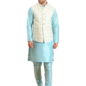 Men's Silk Blend Kurta Pajama with Designer Ethnic Nehru Jacket
