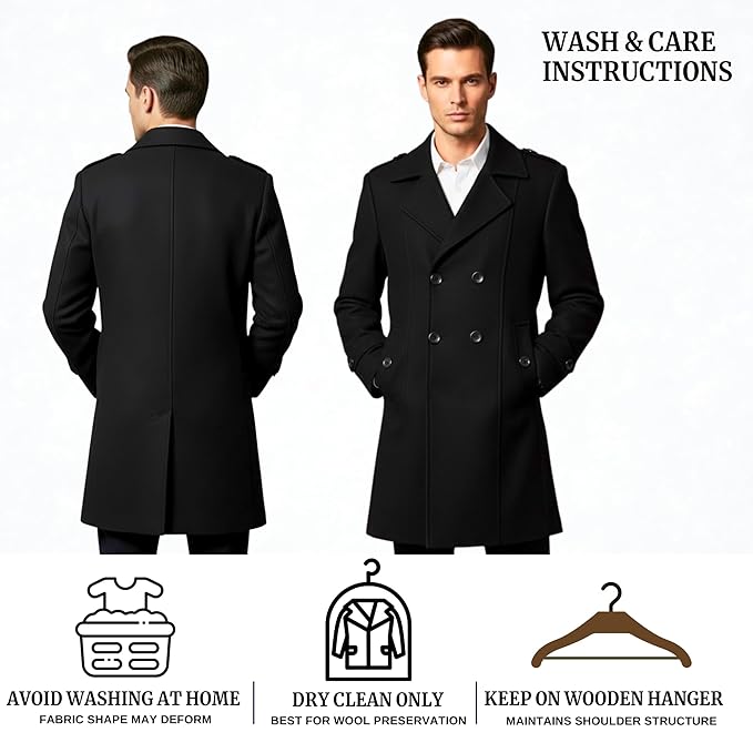 Men's Black Breasted Wool Blend Overcoat - Image 2